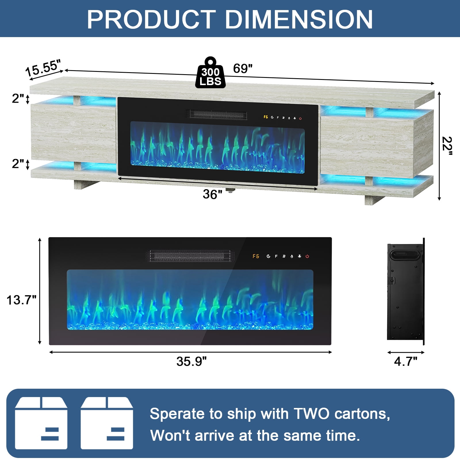 Redayfur 69" TV Stands with Electric Fireplace for TVs up to 80",Remote Control and LED Lights,Travertine