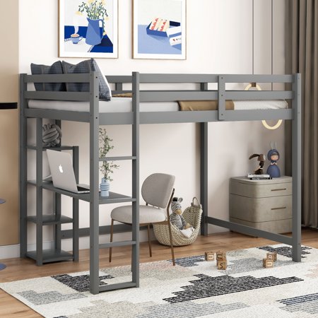 Full Size Loft Bed with Built-in Desk and Shelves,Gray