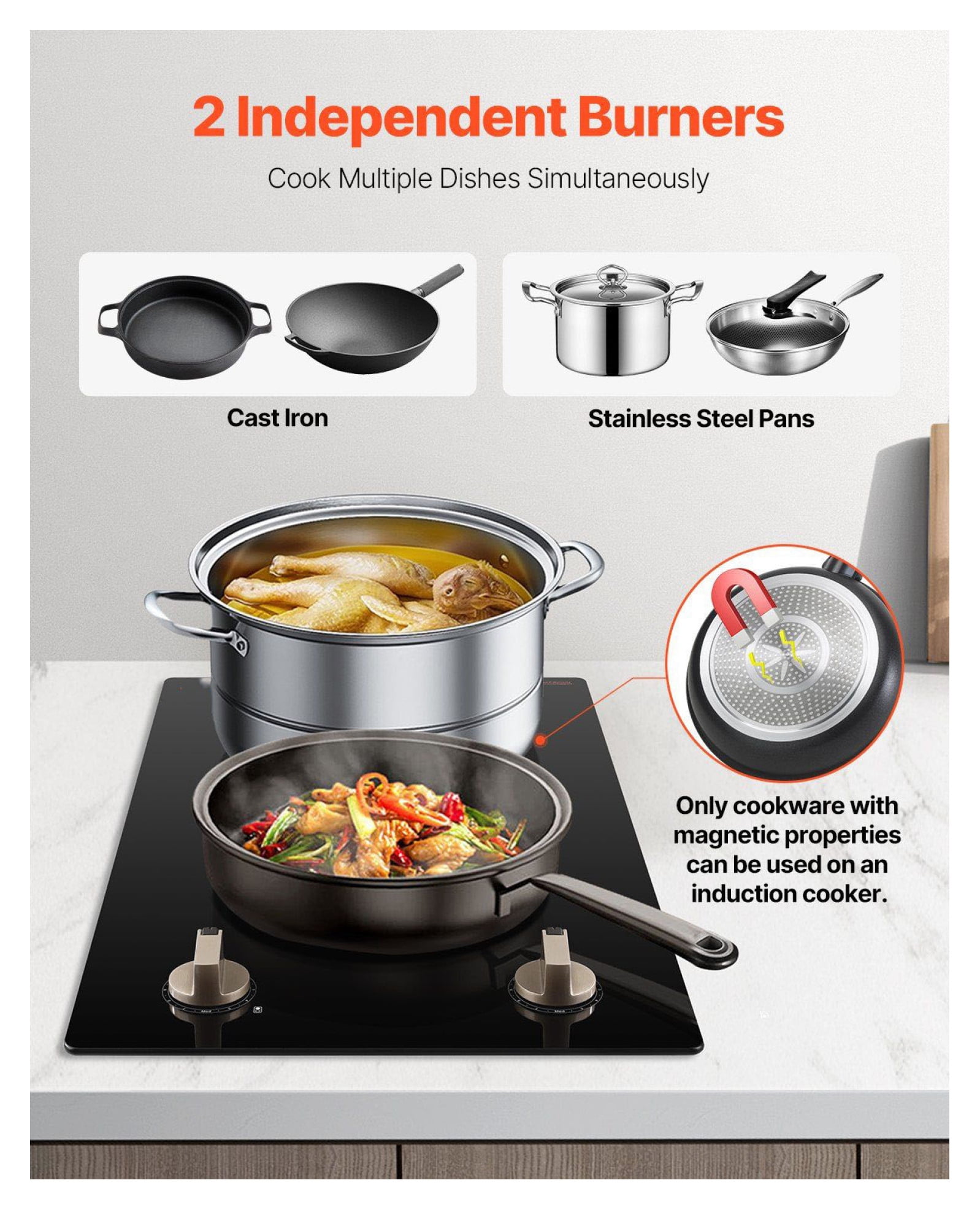 1800W 2 Burner Induction Cooktop, Electric Countertop Stove, Knob Control, Built-in Cooktop for Kitchen, 12 Power Levels, Compatible Cookware, Safety Features