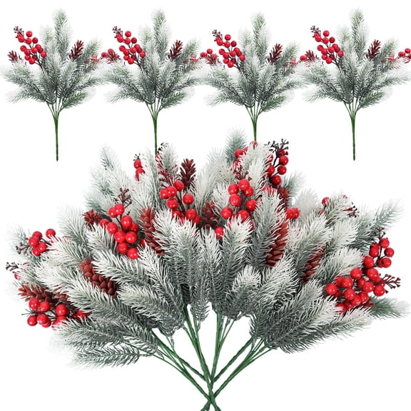 Christmas Snowy Pine Tree Picks, Artificial Berry Stems for Holiday Floral Arrangement, 15 Inch Faux Cedar Pine, Red Berry Winter Decor, Holiday Season Decoration