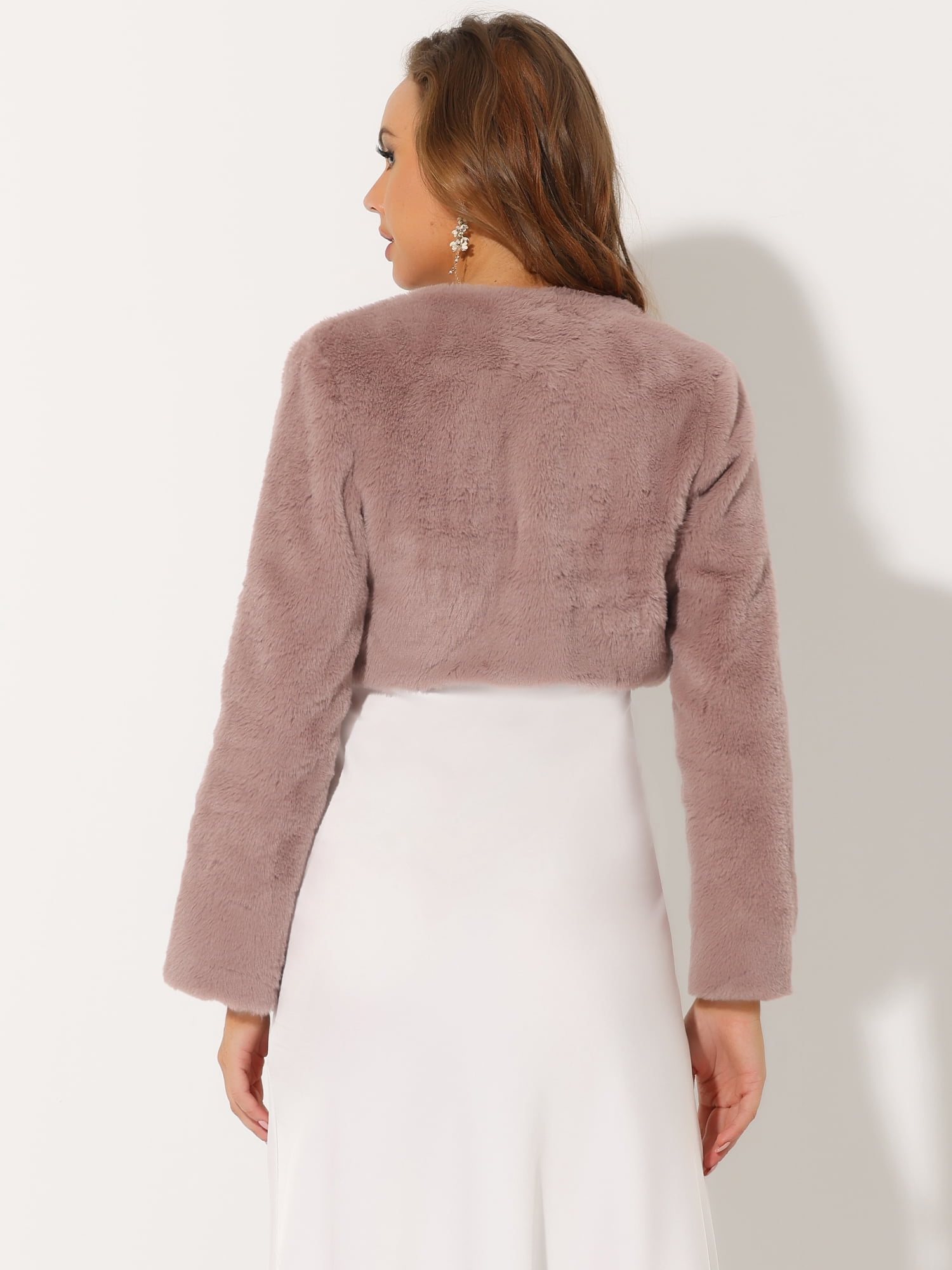 DARING DIVA Women's Cropped Open Front Faux Fur Short Shrug Jacket M Dusty Pink