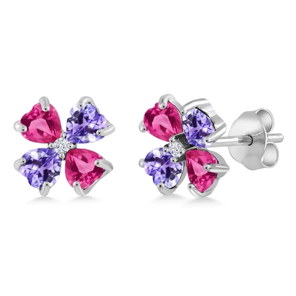Gem Stone King 925 Sterling Silver Pink Created Sapphire and Blue Tanzanite Earrings for Women | 2.95 Cttw | Gemstone September Birthstone | Heart Shape 4MM