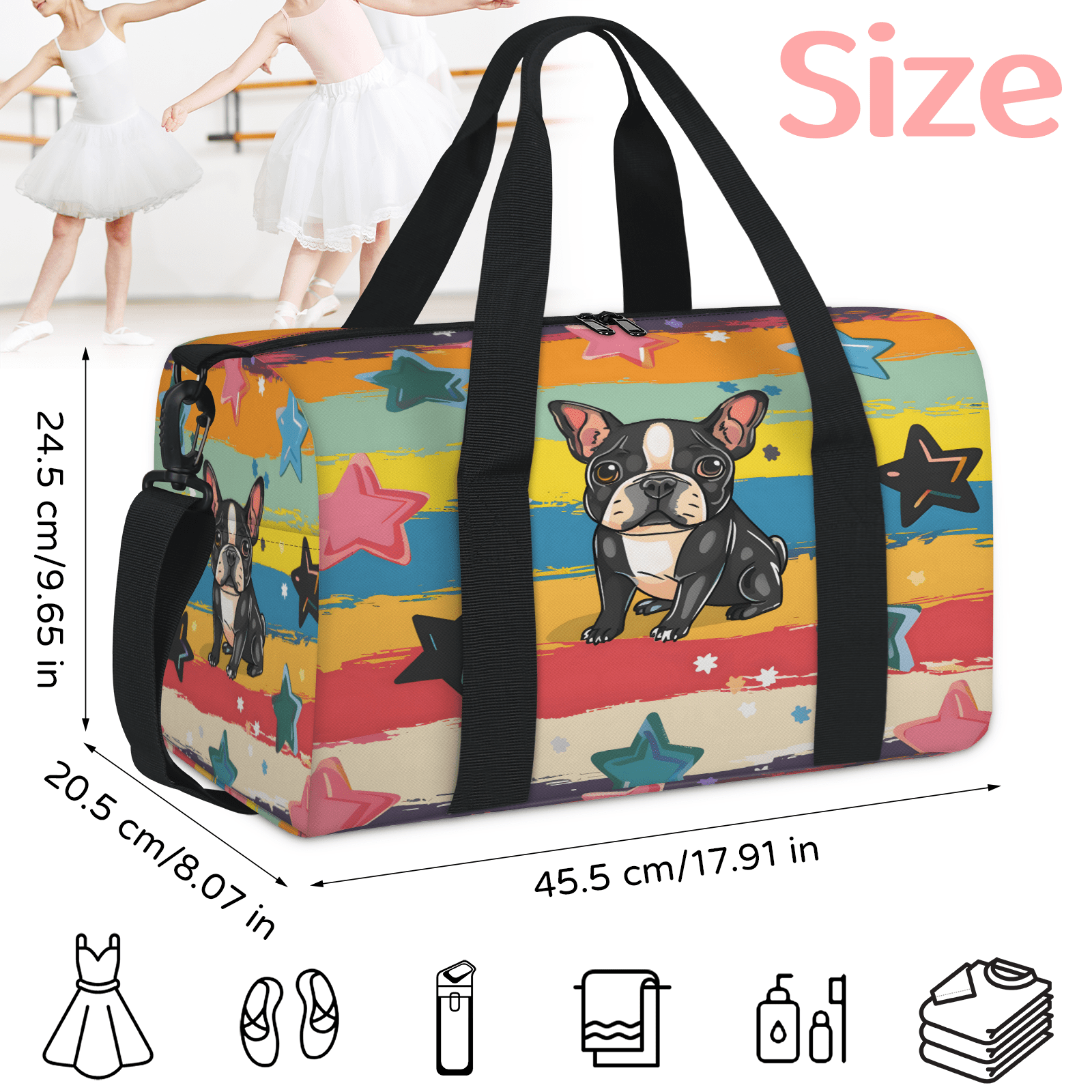 Herdesigns Cute Dog Puppy Cartoon Doggy Gym Bag for Women, Duffle Bag for Travel Sport, Lightweight Waterproof Carry on Weekender Overnight Dance Yoga Workout Bags
