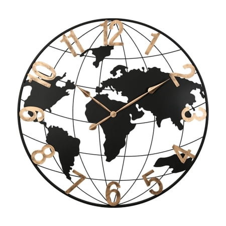 36 Inch Large Black Metal Wall Clock, Modern Silent World Map Wall Clock with Vintage Gold Arabic Numeral, Decorative for Living Room, Entryway, Dinning Room, Bedroom