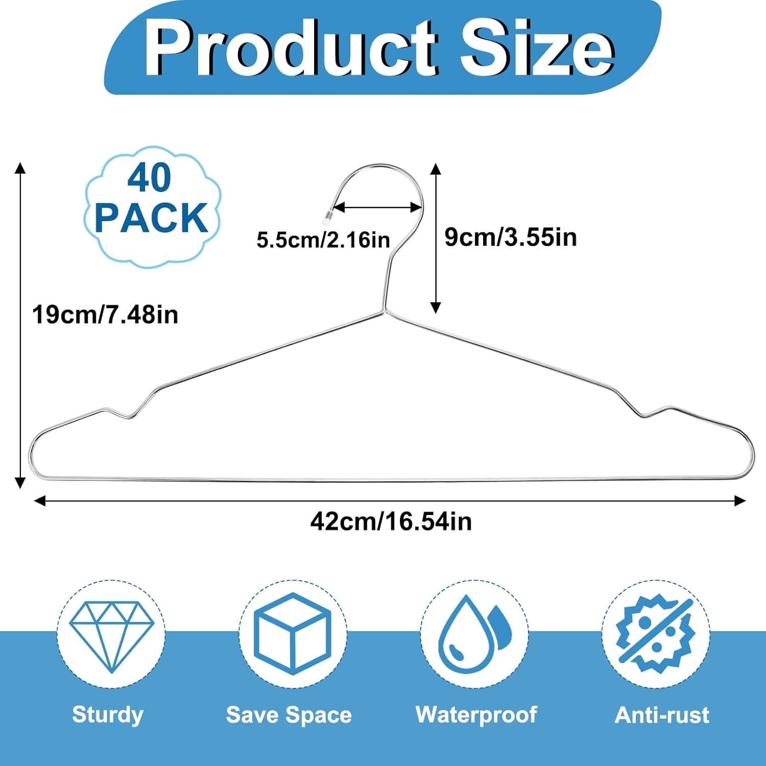 40 Pack Wire Hangers,Heavy Duty Clothes Hanger,Silver Metal Hangers,Stainless Steel Coat Hanger with Non Slip Notch,Ultra Thin Space Saving Wire Hanger 16.5 Inch