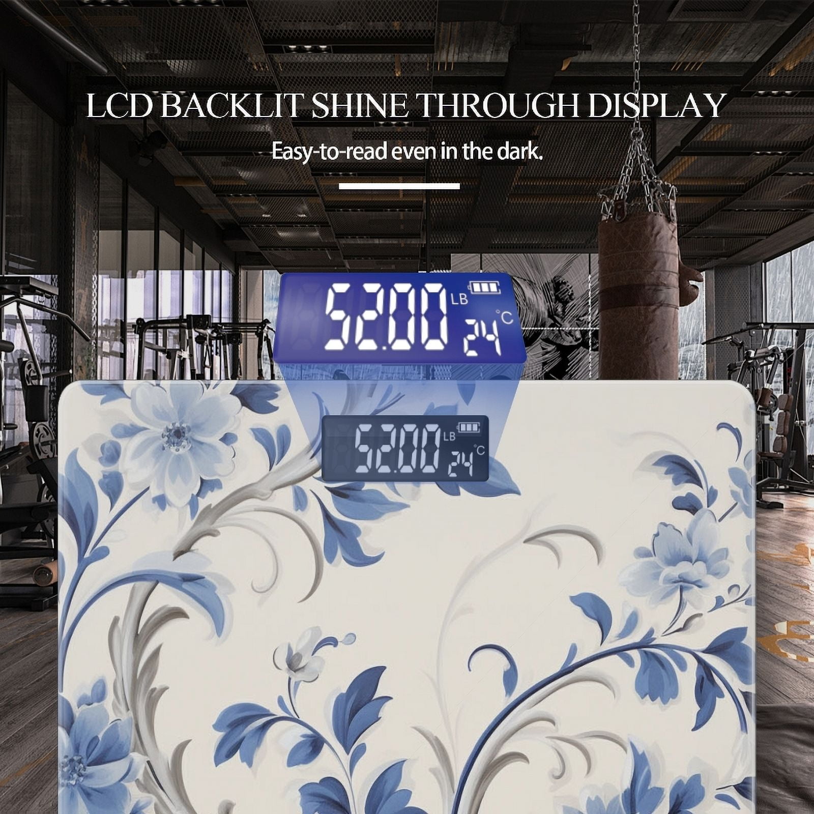 Bathroom Scale, Highly Accurate Digital Body Scale,Precisely Measures Weight up to 400 lbs-Blue And White Porcelain-Style Floral With Vines And Leaves