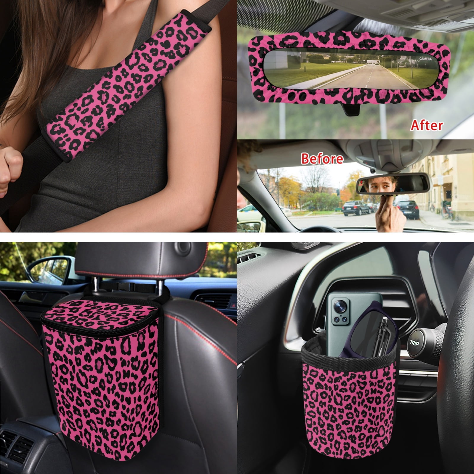 Yuyamidu Pink Leopard Print Car Seat Cover Set with Steering Wheel Cover Auto Seat Belt Strap Protector Cup Coasters Trash Can Air Vent Storage Bag Rear View Mirror Cover Keychain 15 PCS