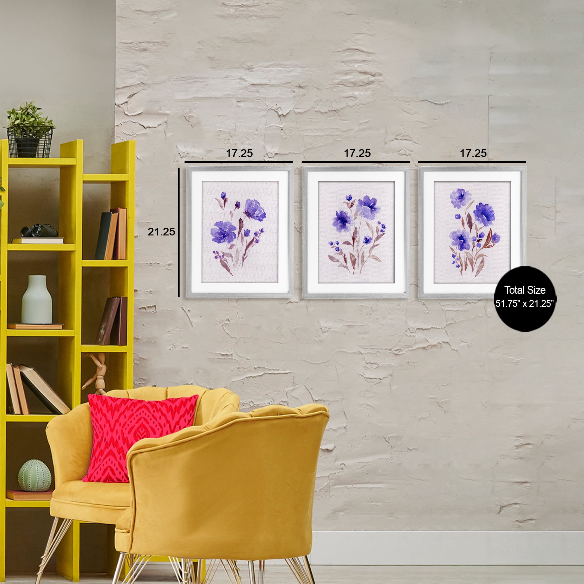 Stupell Industries Watercolor Purple Blooms 3 Piece Gray Framed Print Under Glass Set, design by Leah Noel Art