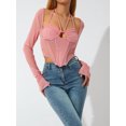 thumbnail image 3 of VISgogo, blusas cortas para mujer, camisas ajustadas huecas de corte bajo con cuello Halter de manga larga de malla de Color sólido para mujer VISgogo  moda, 3 of 9