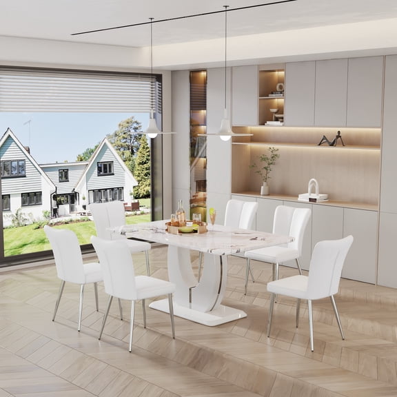 Sumdeal Modern Marble Dining Table Set for 6, 7 Piece 63inch White Faux Marble Table and High Back Upholstered Chairs Set 6 for Kitchen, Living Room, Dining Room,White Table,White Chairs