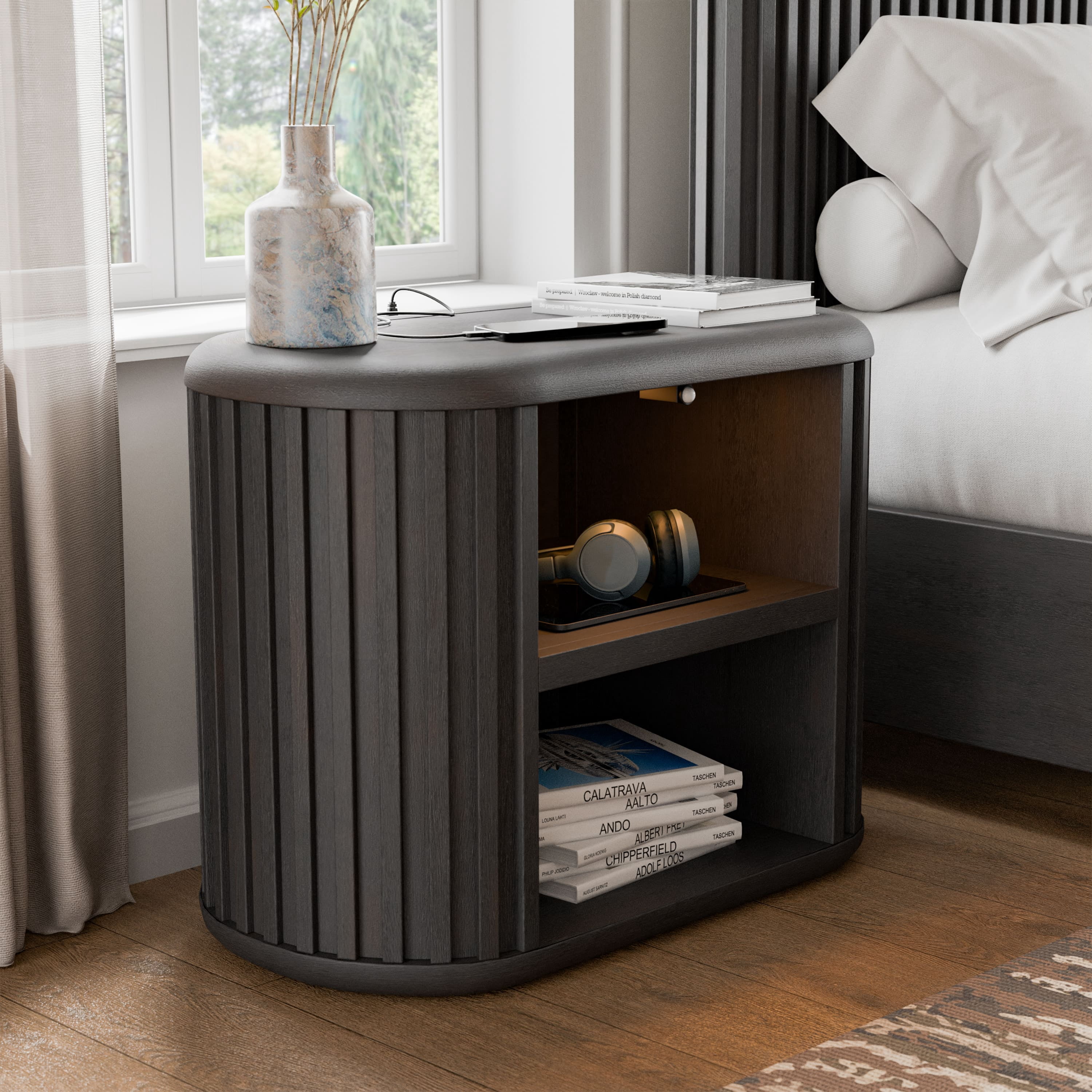 Furniture of America Kaelin Modern Fluted and Rounded 2-Shelf Nightstand with Motion Sensor, Black