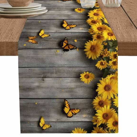 nqOlkjepod Yellow Sunflower Table Runner 72 Inches Long Farmhouse Dress Scarves, Butterfly Spring Floral Wooden Grain Dining Tablerunner for Coffee Table/Kitchen Island/Party Décor, 13" x 72"