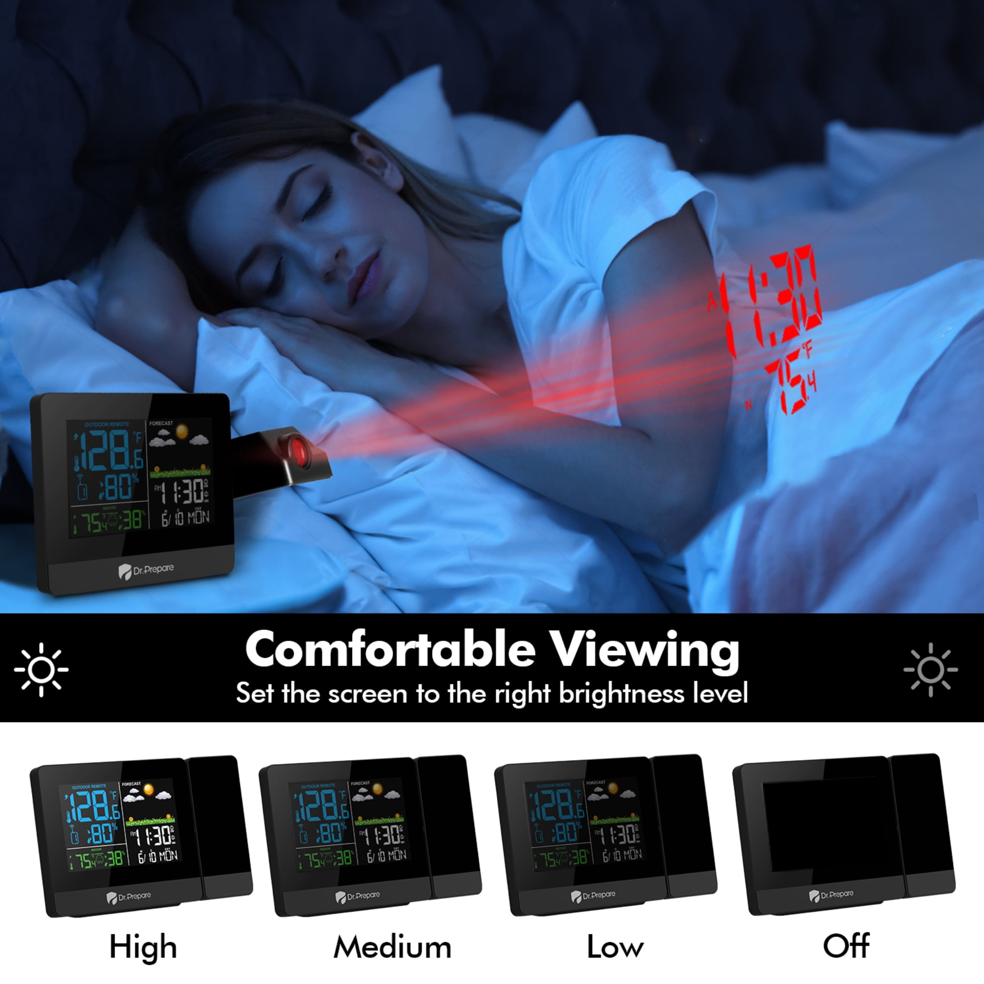 Dr. Prepare Projection Alarm Clock, Digital Clock Projector on Ceiling with Indoor/Outdoor Temperature Display, Dual Alarms, Colored Backlight, Weather Forecast for Bedroom