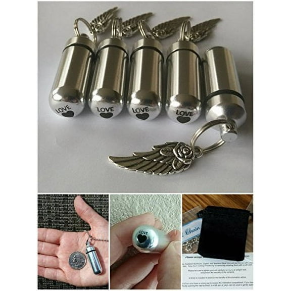 Family Set of FIVE WING with ROSE CREMATION URN Keepsakes with Laser ENGRAVED Heart - Includes 5 Velvet Pouches, 5 Ball-Chains & Fill Kit