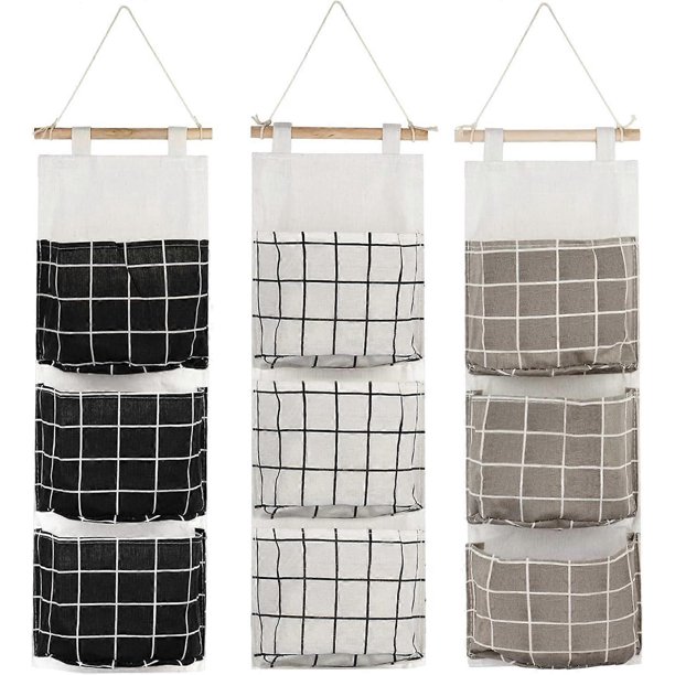 3Pcs Hanging Storage Bag with 3 Pockets Wall Shelf Fabric Basket Storage Pouch Organizer for Bedroom Bathroom Kitchen - Waterproof & Stylish (Black/Gr