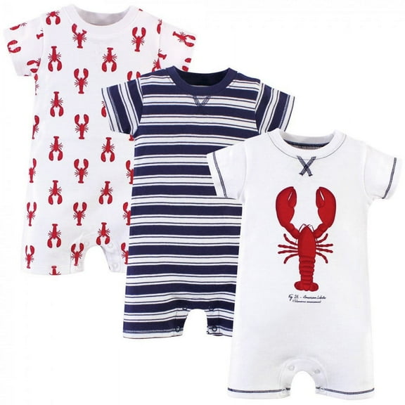 Touched by Nature Baby Boy Organic Cotton Rompers 3pk, Lobster, 0-3 Months
