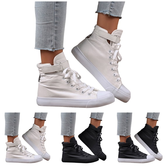 Pandaie Women's High Top Canvas Shoes Hook Loop Casual Tennis Fashion Sneakers Lightweight Lace up Running Walking Shoes Black 6