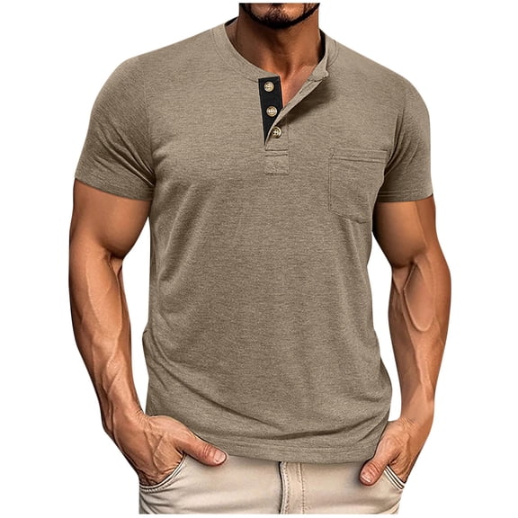 Gfyviroh Men's T-shirts Trendy Solid Color Short Sleeve Tops Button Henley Pullover Tshirts with Pocket