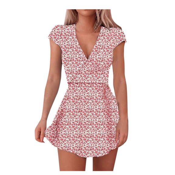 Women's Casual Tennis Dress Print Floral Half V-Neck Sleeve Dress for Everyday Comfort and Pink M