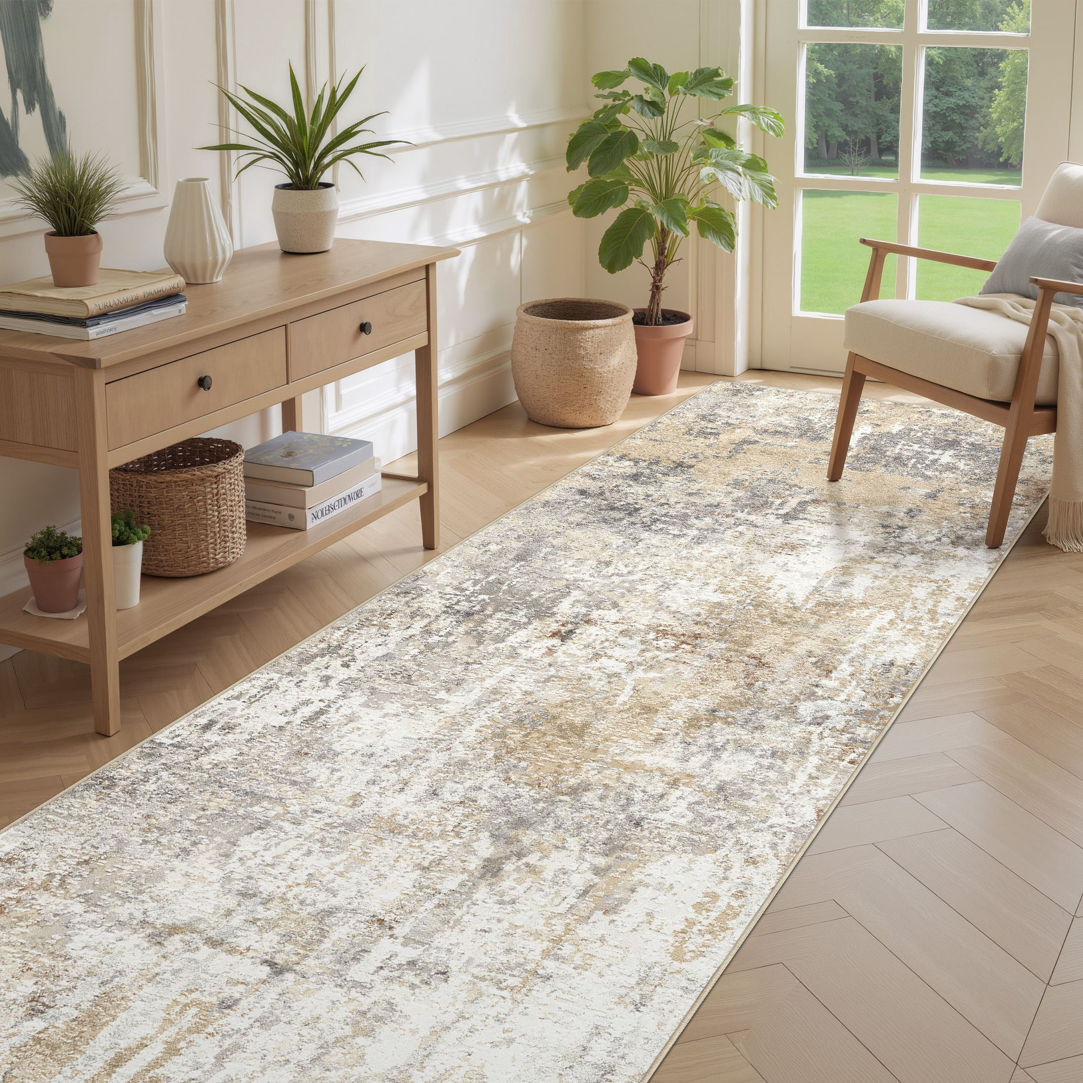 UERMEI 3'x8' Runner Rugs Non Slip, Washable Indoor Rug for Hallway Kitchen Entryway Doormats, Modern Abstract Bedroom Home Decor Carpets, Grey Gold