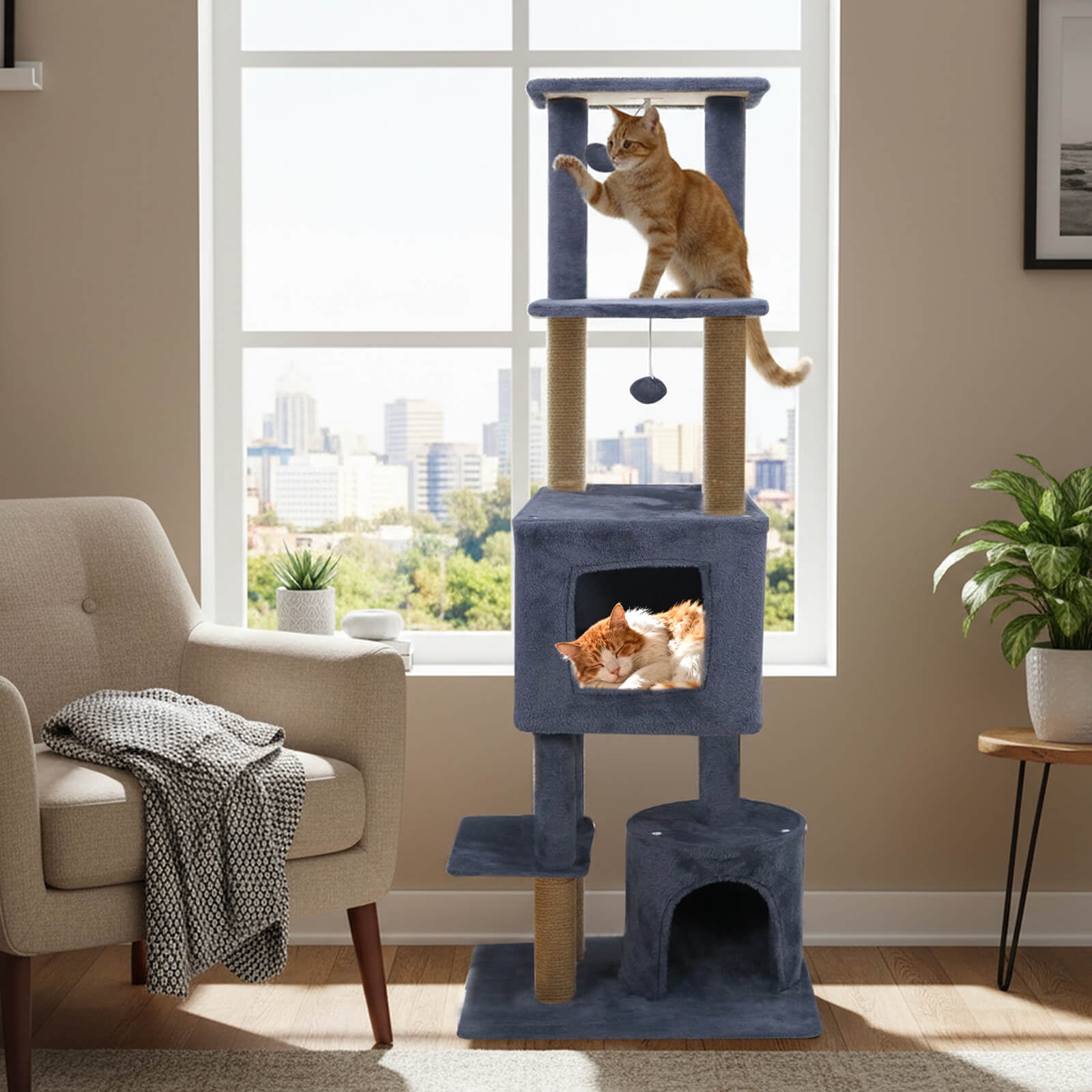 Costway 64” Tall Cat Tree with 2 Large Condos, Jute Scratching Posts, Plush Top Perch Dark Gray