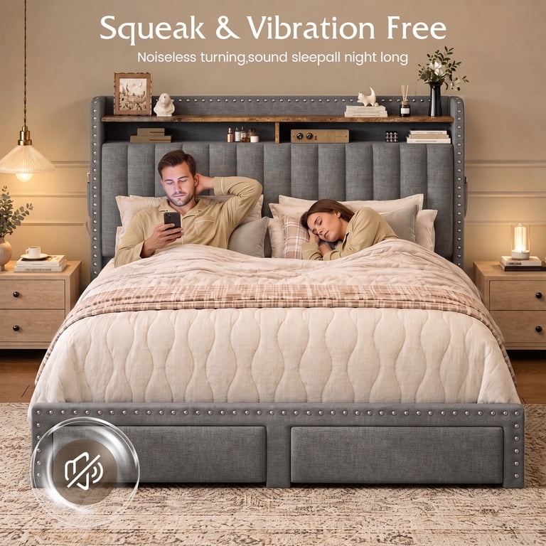 EnHomee Queen Bed Frame with Storage Drawers, Gray photo 5