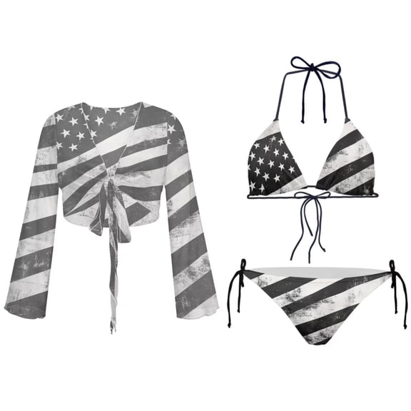 FUIALDOLG Retro American Flag Print 3 Piece Swimsuits Women's Sexy Bikini Swimsuit with Sheer Cover Up Casual Patriotic Tie Cardigan Swimwear,4th of July Accessories