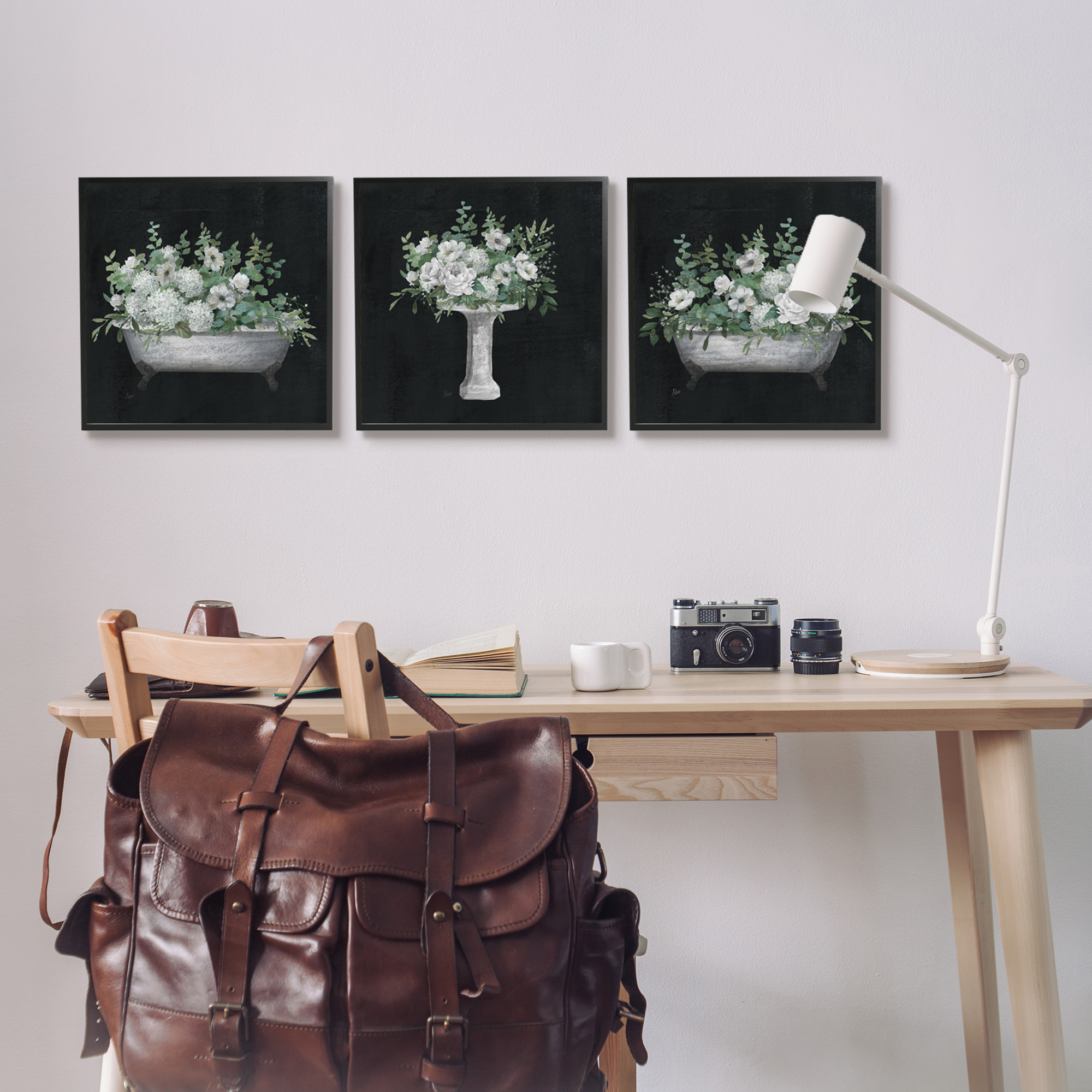 Stupell Industries Vintage Bathroom Hydrangeas Botanical & Floral Painting Black Framed Art Print Wall Art, 17 x 17, Set of 3