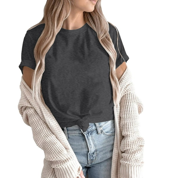 Women T Shirt Breathable Streetwear Solid Color Short Sleeve Crew