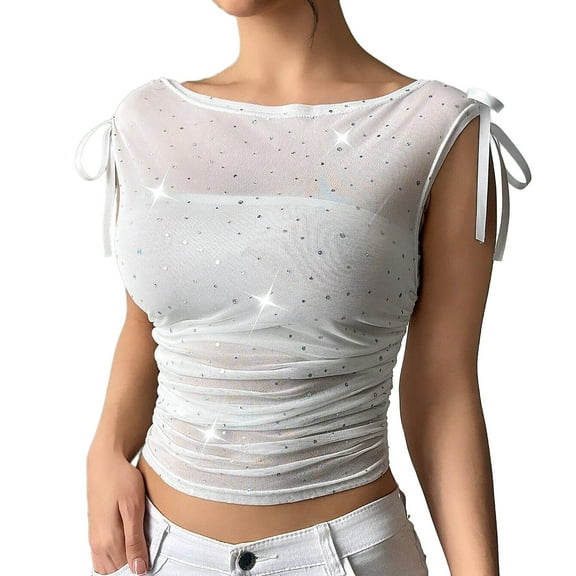 WMTBSRSW Women's Mesh Sequin Glitter Tank Top Boat Neck Bow Ruched Y2k Crop Tops Slim Fitted Sleeveless Outfits See Through Blouses Clubwear