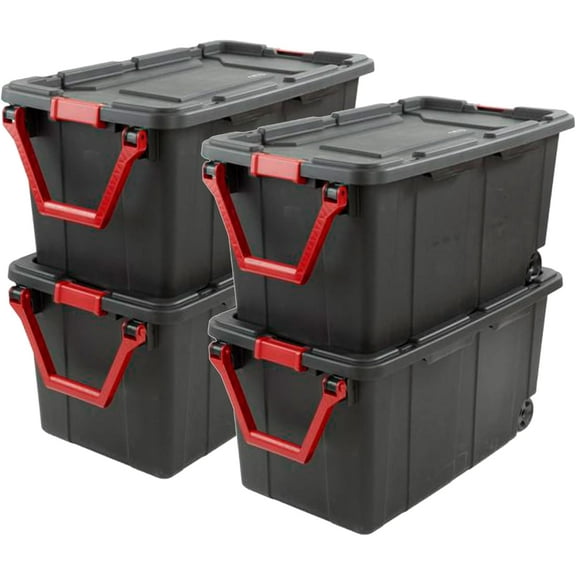 U-SHARE 40 Gal Wheeled Industrial Tote, Stackable Storage Bin with Latch Lid, Plastic Container with Heavy Duty Latches, Black Base and Lid, 4-Pack