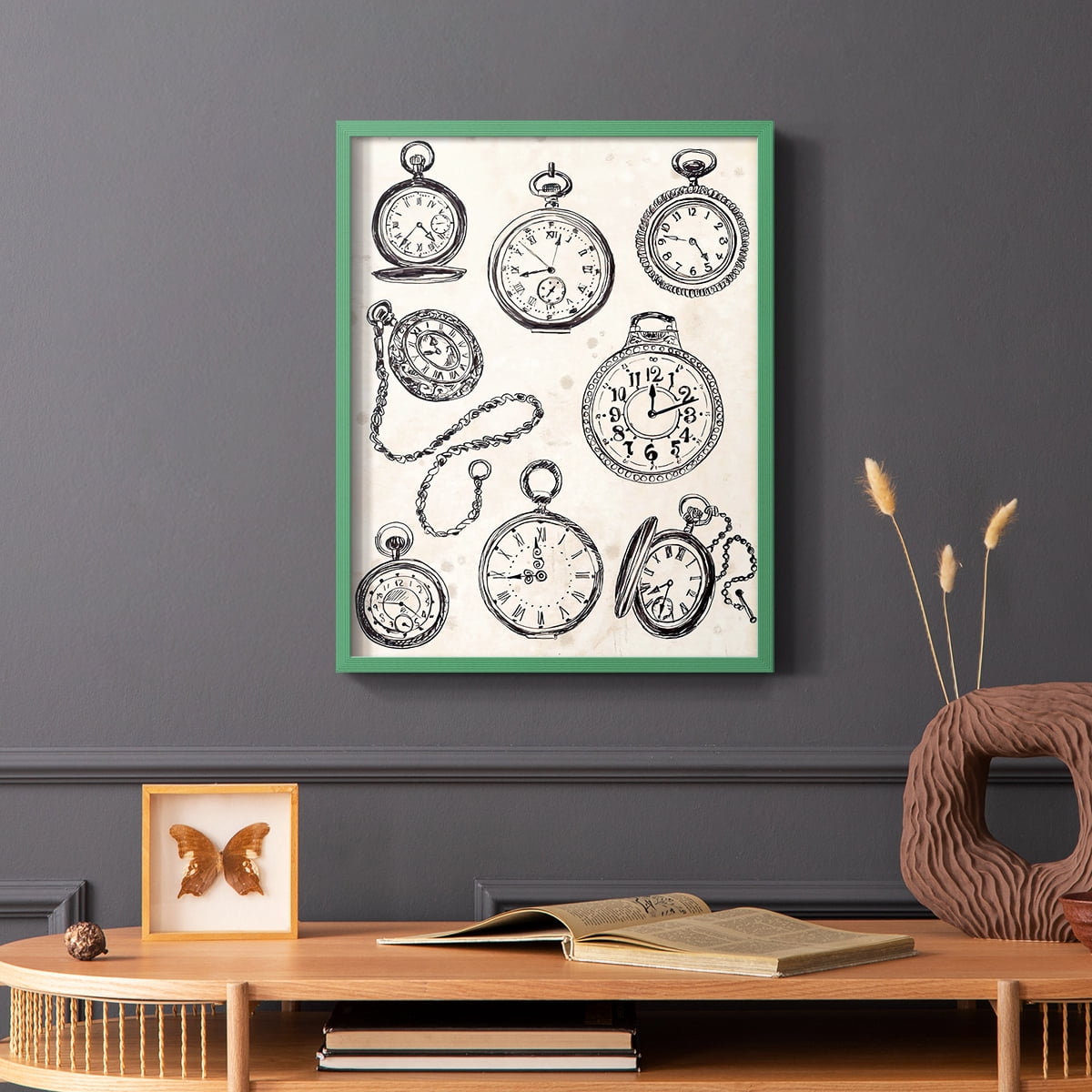 Pocket Watch Sketches II in Green Solid Wood 11 x 14 Framed Print