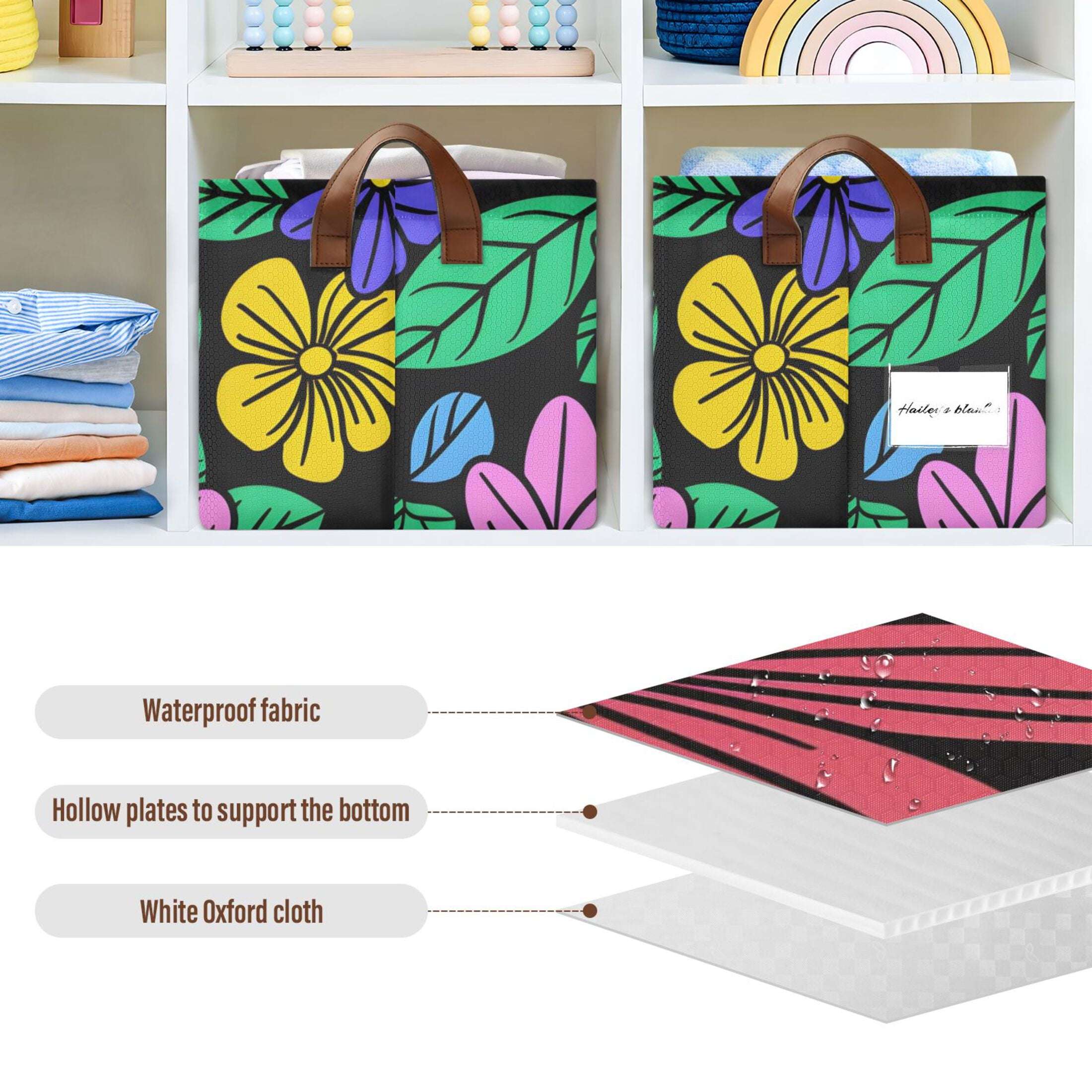 Flowers and Leaves Black Foldable Storage Large Fabric Storage Baskets Organizer Storage Bins with Handles for Shelves