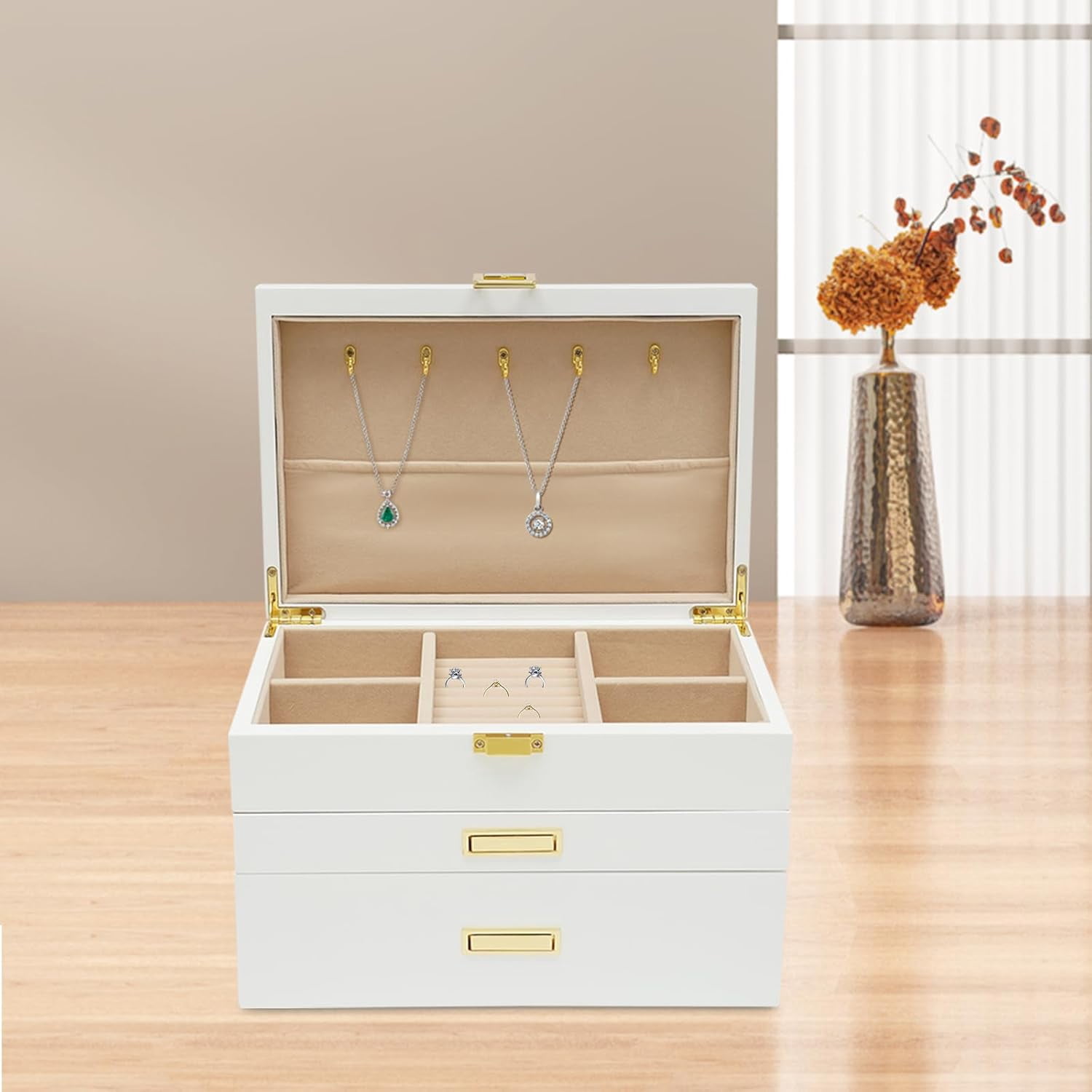 Women 3 Layers Wooden Jewelry Box for Jewelry Organizer Drawer Jewelry Display Box with Soft Velvet Lining for Ring Necklace Earring Bracelet (White)