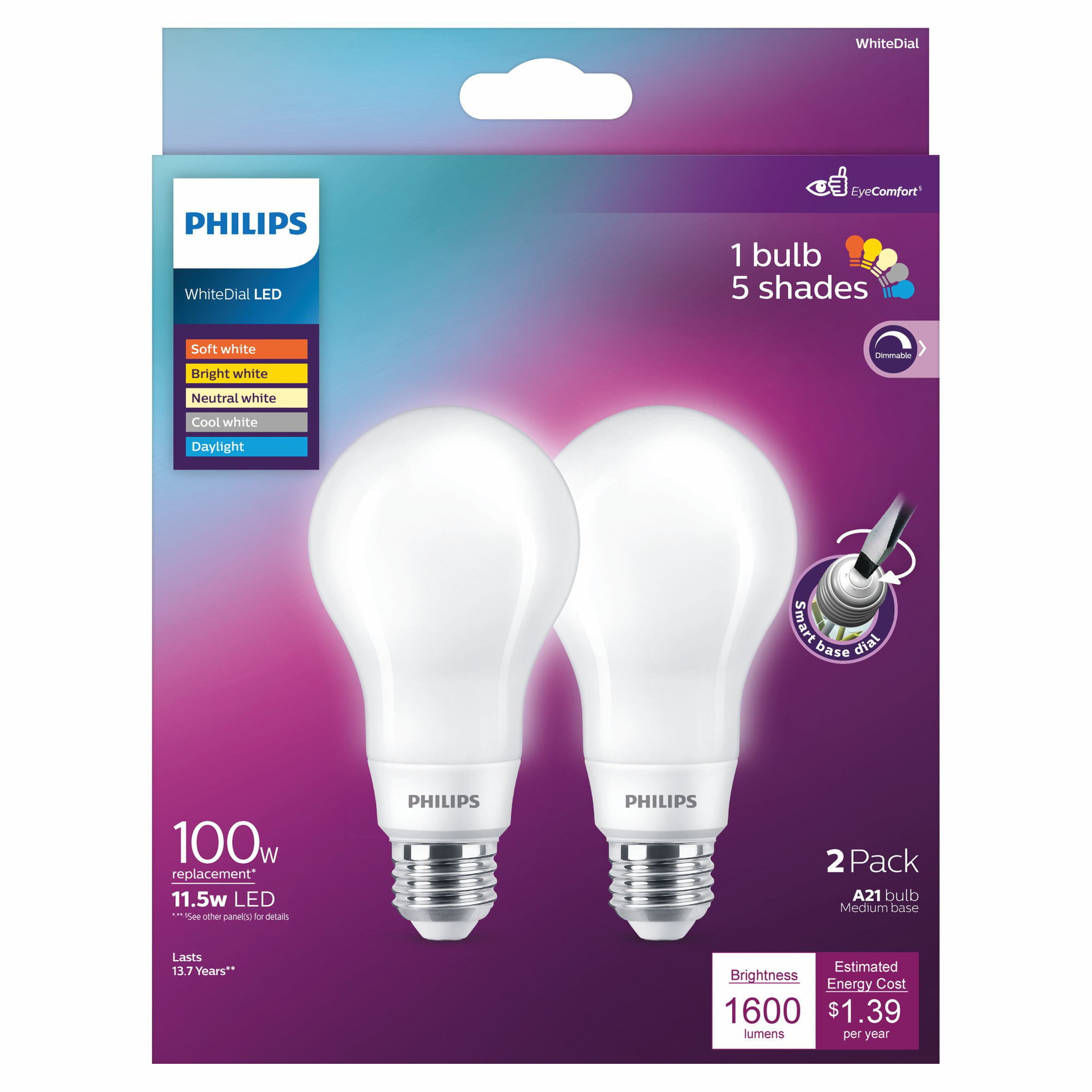 zondaar Zeg opzij Een centrale tool die een belangrijke rol speelt Philips LED 100-Watt A21 General Purpose Household Light Bulb, Frosted  WhiteDial, Dimmable, E26 Medium Base (2-Pack) - Walmart.com