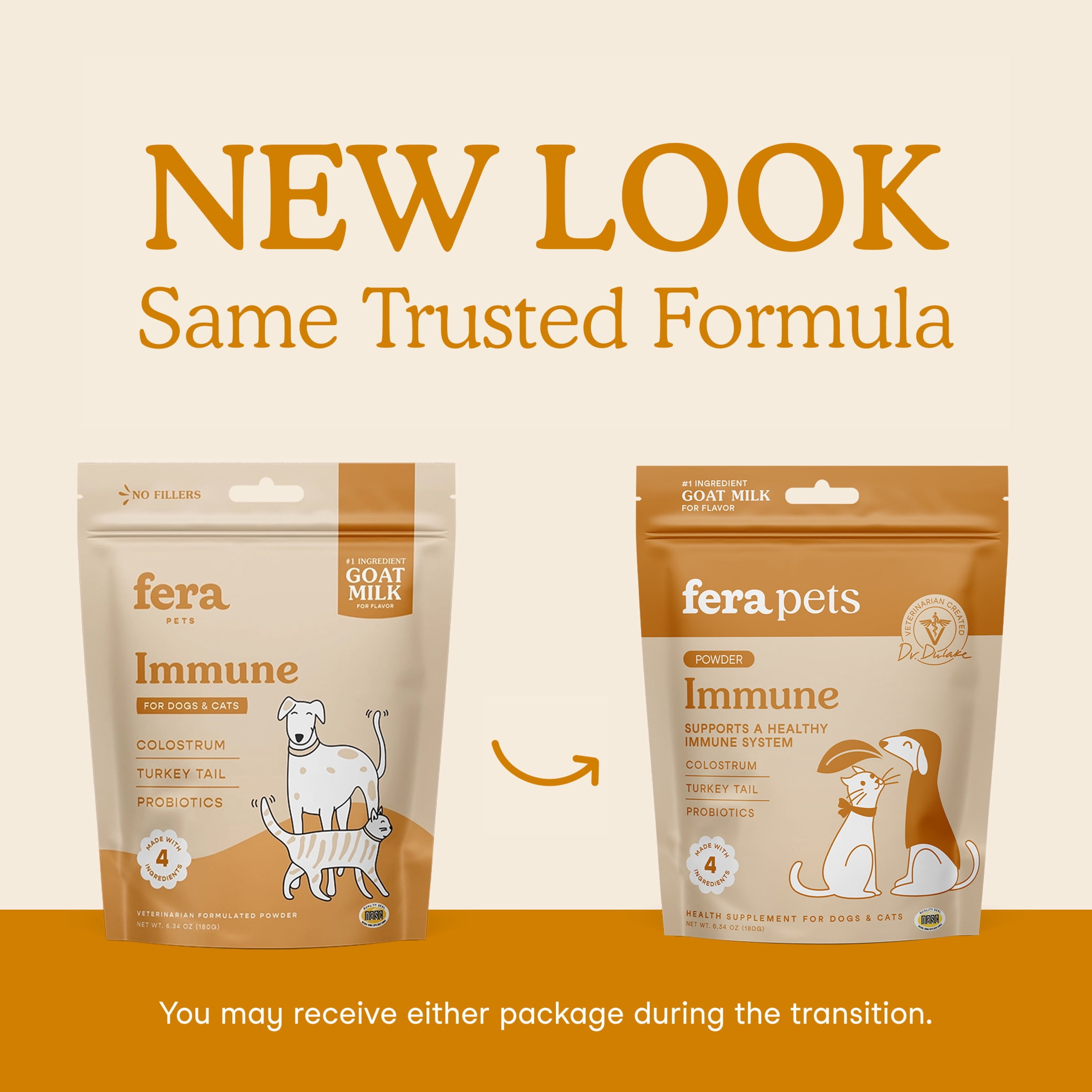 Fera Pets Immune Goat Milk for Dogs & Cats - With Colostrum, Turkey Tail Mushroom, & Probiotics - 60 Servings