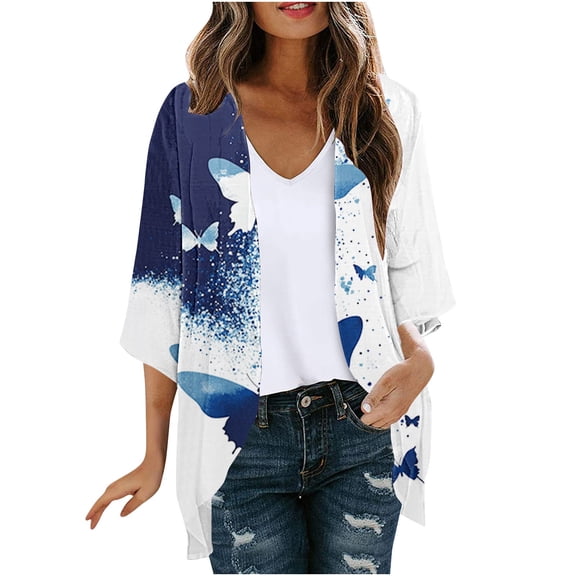 Yievot Open Front Cardigans for Women Tropical Print 3/4 Sleeve Lightweight Breathable Beach Cover-Up Tops