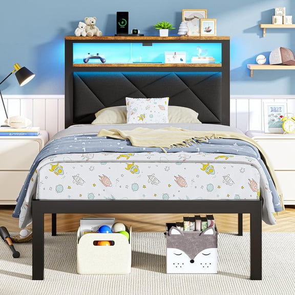 Twin Size Bed Frame with 4-Port Charging Station | Metal Platform Bed with Wood Headboard and Storage Shelf, Underbed Storage, No Box Spring Needed