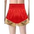 thumbnail image 2 of Xnihocha Unisex Kids Satin Boxing Shorts Metallic Color Block Boxer Kickboxing Muay Thai Training Trunks Red&Gold 6, 2 of 7