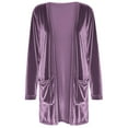 thumbnail image 5 of Women's Solid Color Gold Velvet Cardigan, Mid-Length Open Front Long Sleeve Jacket, Casual Loose Fit Duster Coat for Women, Soft Velvet Loungewear for Fall and Winter Purple S, 5 of 7