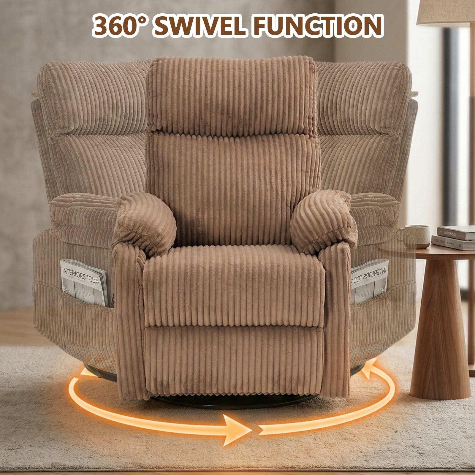 Leumius Swivel Recliner Chair,360° Swivel Rocker Chair for Living Room,Upholstered Nursery Glider Recliner Chair for Small Spaces,Manual Recliner for Adults for Home Theater,Brown