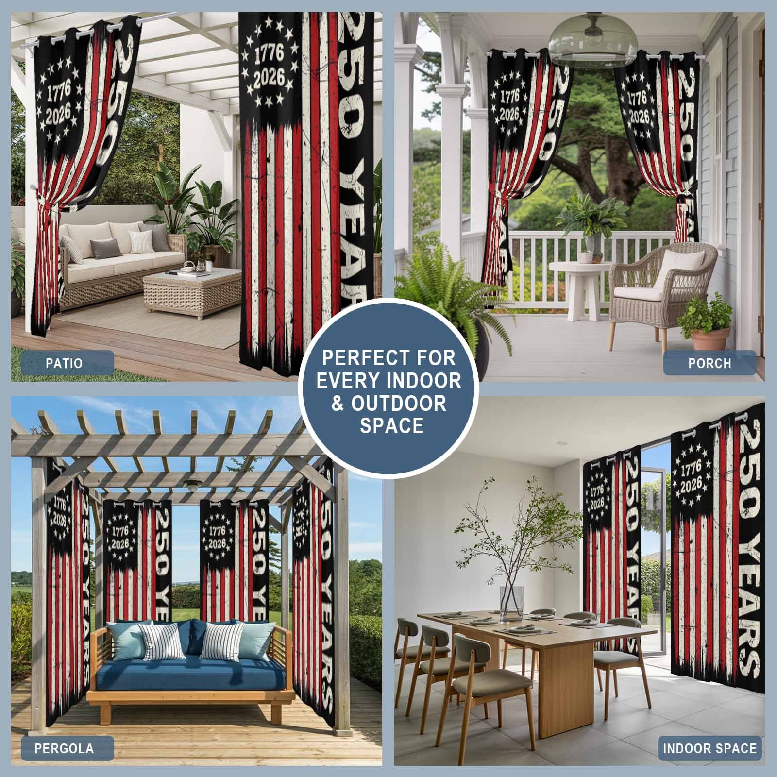 Anniversary America Flag Outdoor Curtains for Patio, Independence Day 1776 2026 Sunshade Privacy Drapes Grommet Waterproof Outside Curtains for Porch/Cabana/Balcony 54"x 108", 1 Panel