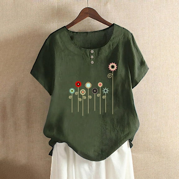 Babysbule Women's Tops Fashion Woman Rounk Neck Short Sleeve Blouse T-Shirt Printing Loose Tops