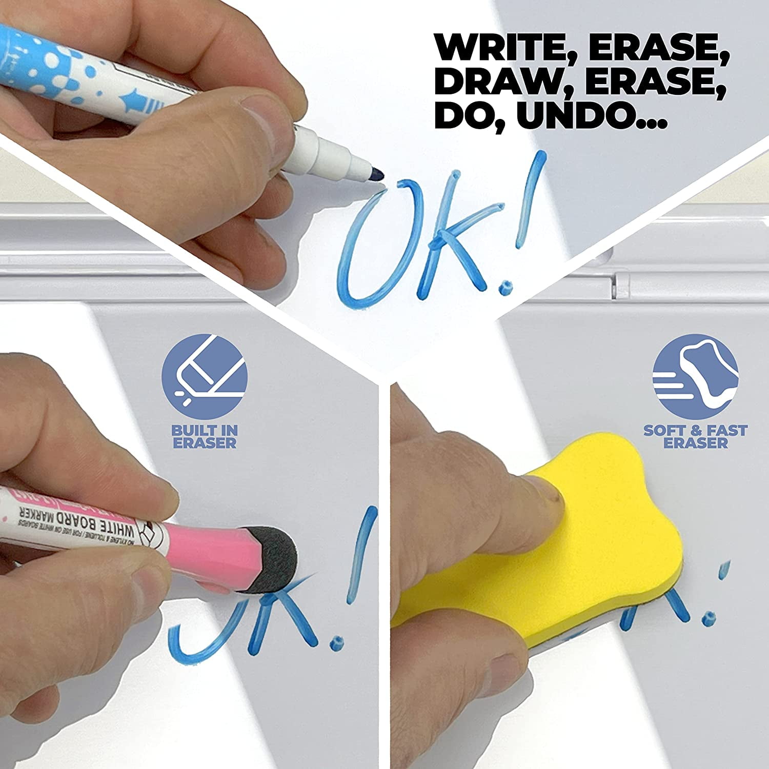 Desktop Whiteboard with Storage Compartment and Phone & Tablet Slot - Includes 4 Markers, 1 Eraser