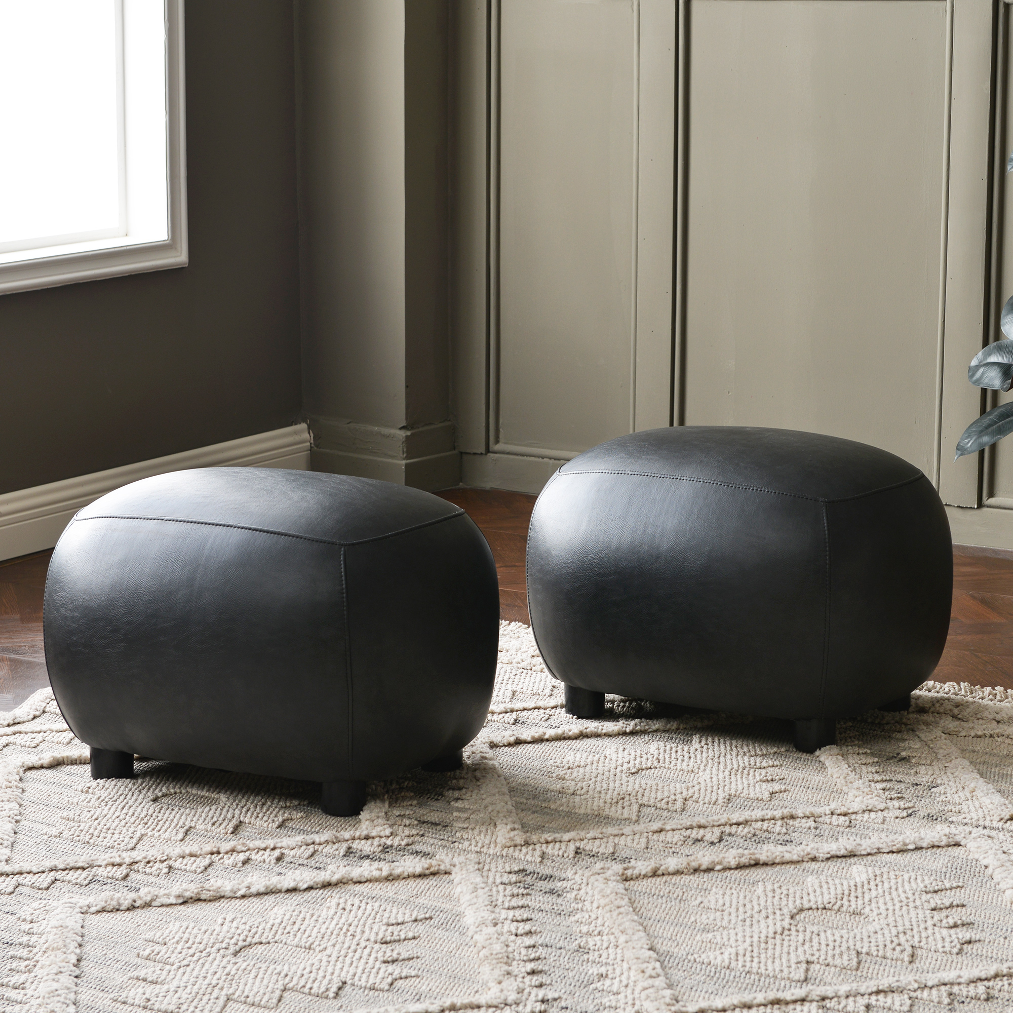 23" Wide Faux Leather Upholstered Ottoman Set of 2, Mid-Century Modern Living Room Footrest with Soft Padded Seat, Footstool for Bedroom, Entryway or Living Room, Black