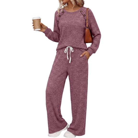 SUNBS Two Piece Sets Womens Lounge Sets Fall Wide Leg Pants with Pocket Matching Sets Crew Neck Top Casual Pajamas Sets Clothes