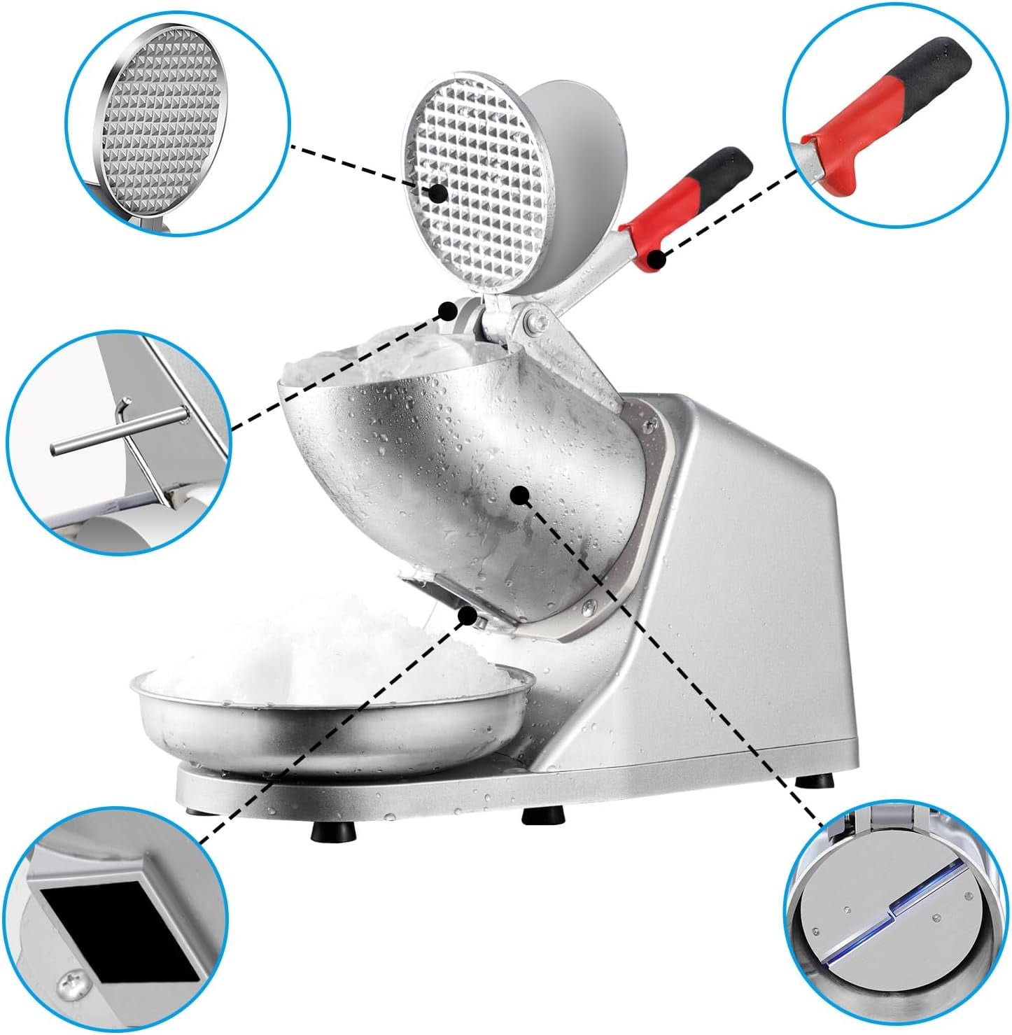 Electric Shaved Ice Machine, Ice Crusher Shaver with 2 Blades, Snow Cone Machine for Home Kitchen or Commercial Use, Featuring Dual Splash Prevention High Speed