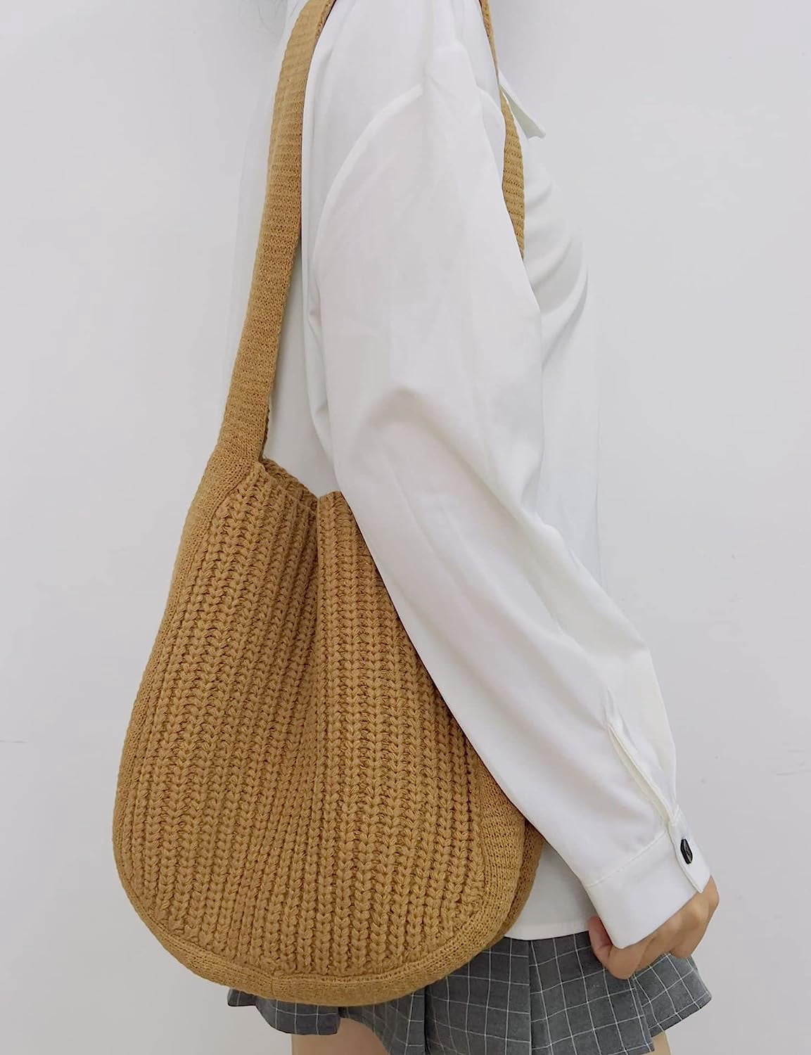 Kukuzhu Large Crochet Tote Bag for Women Casual Hobo Bag Shoulder Bag Retro Knitted Purses Handbag Beach Travel Tote Bag