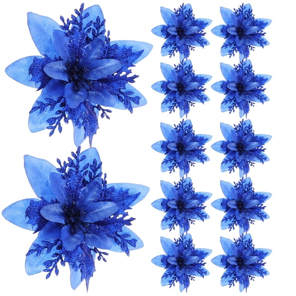 OULII Set of 12 Glitter Artificial Flowers for Christmas Tree Decorations, Cloth Craft Floral Ornaments