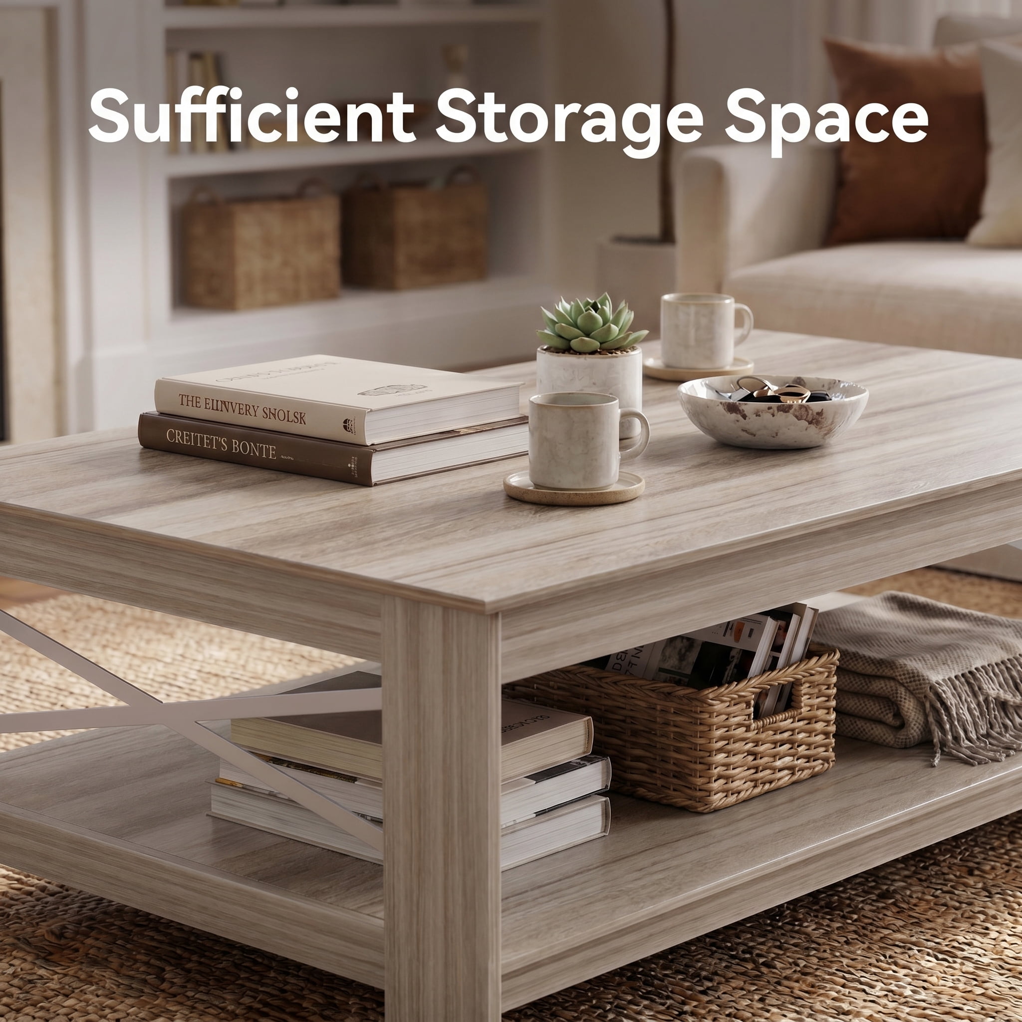 BEAUTYPEAK 40"x22" Coffee Table with Storage Shelves Rectangular Living Room Center Table, Beige